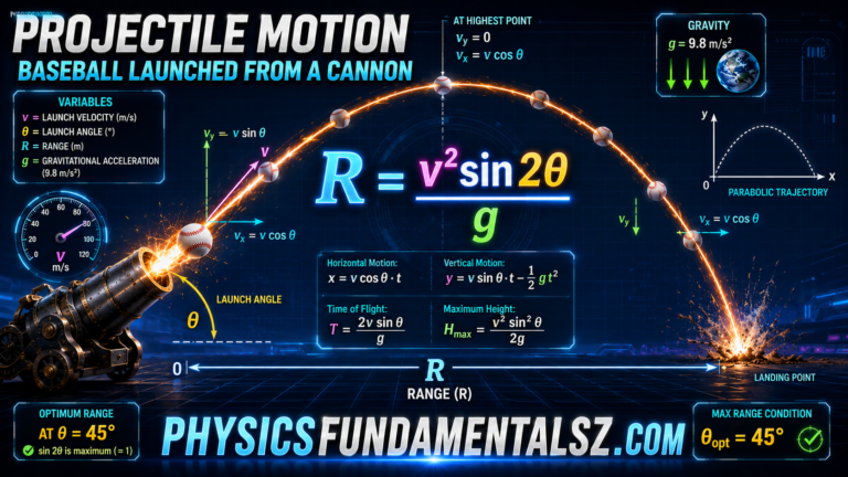Projectile Motion Range: R = v²sin2θ/g & Optimum Angle 45°