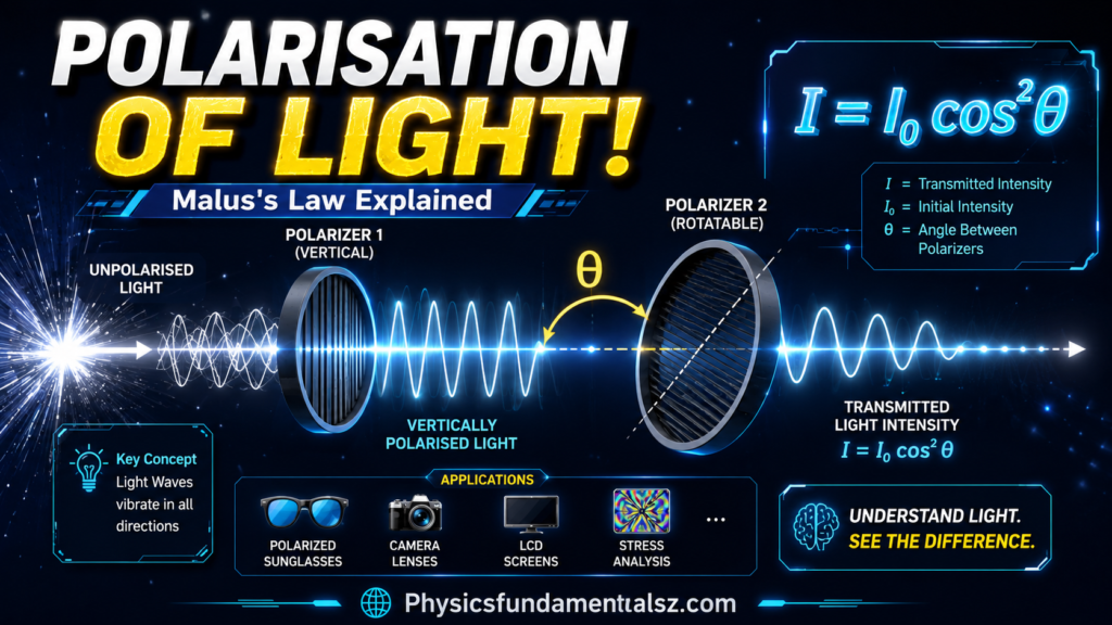 Polarisation of Light: Malus's Law I = I₀cos²θ & Applications