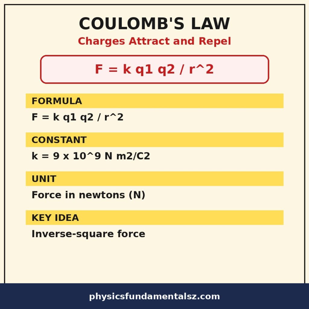 Coulomb's law infographic: Coulomb's law explained, the electrostatic force formula, Coulomb's constant, and the inverse-square law