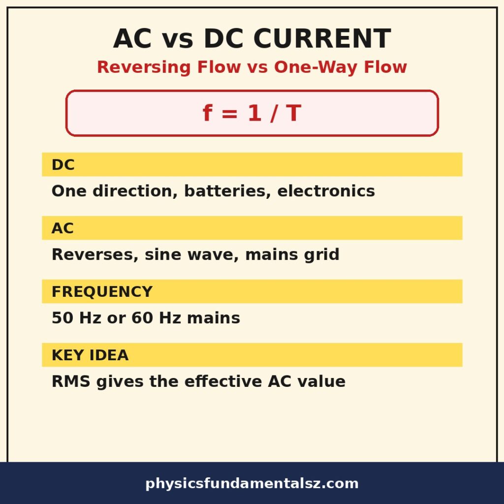 AC vs DC infographic with waveforms and comparison table