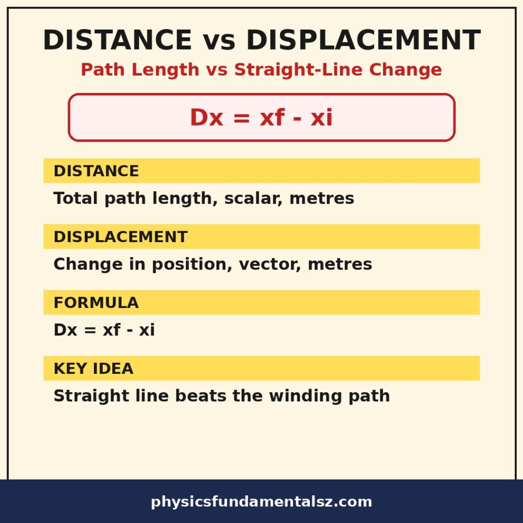 Distance vs displacement infographic with formulas and comparison table