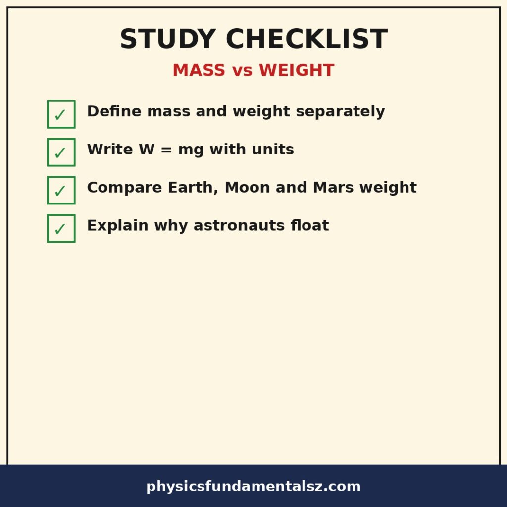 Mass vs weight study checklist: difference between mass and weight revision checklist covering mass definition, weight formula W = mg, units, and Moon weight examples