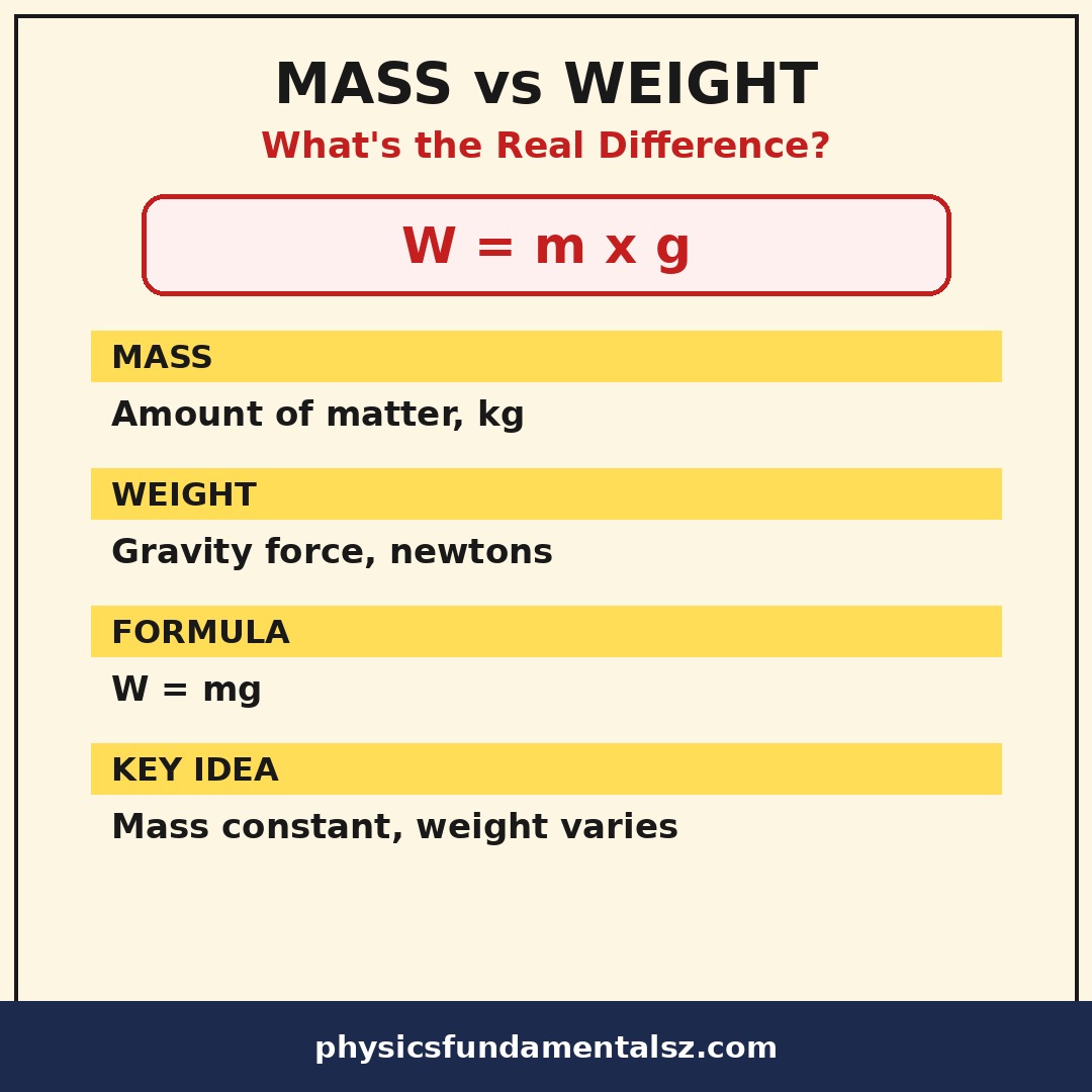 Mass vs weight infographic comparing mass and weight definitions, units, formulas and examples