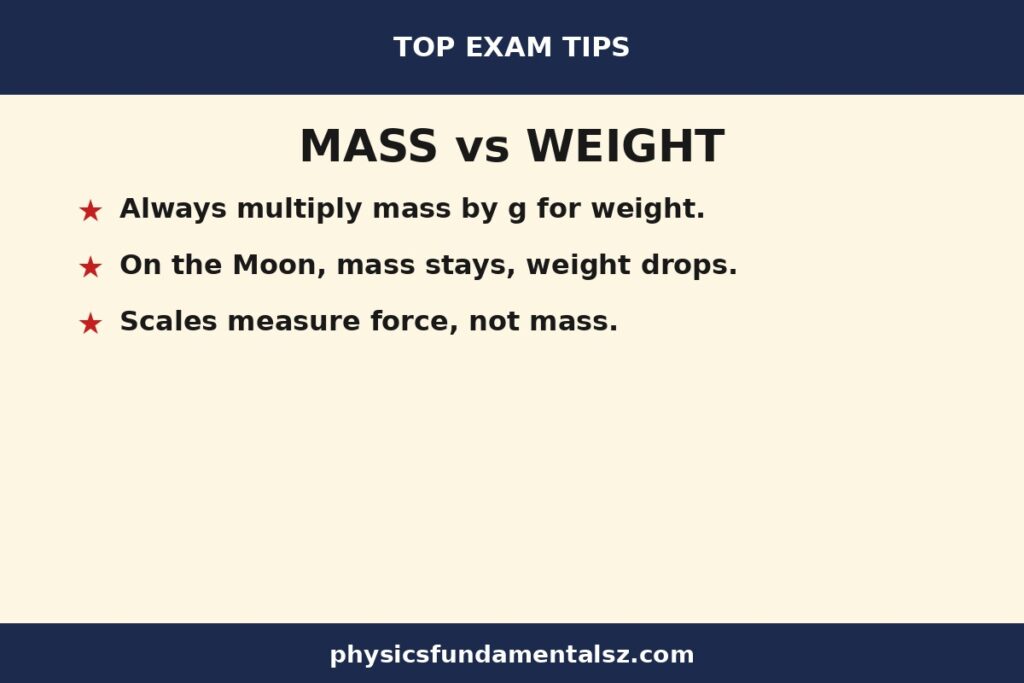 Mass vs weight tip card: key exam tips for the difference between mass and weight, the W = mg formula, and mass vs weight examples