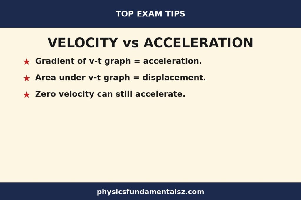 Velocity vs acceleration top exam tips: difference between velocity and acceleration, velocity-time graph gradients, and acceleration formulas