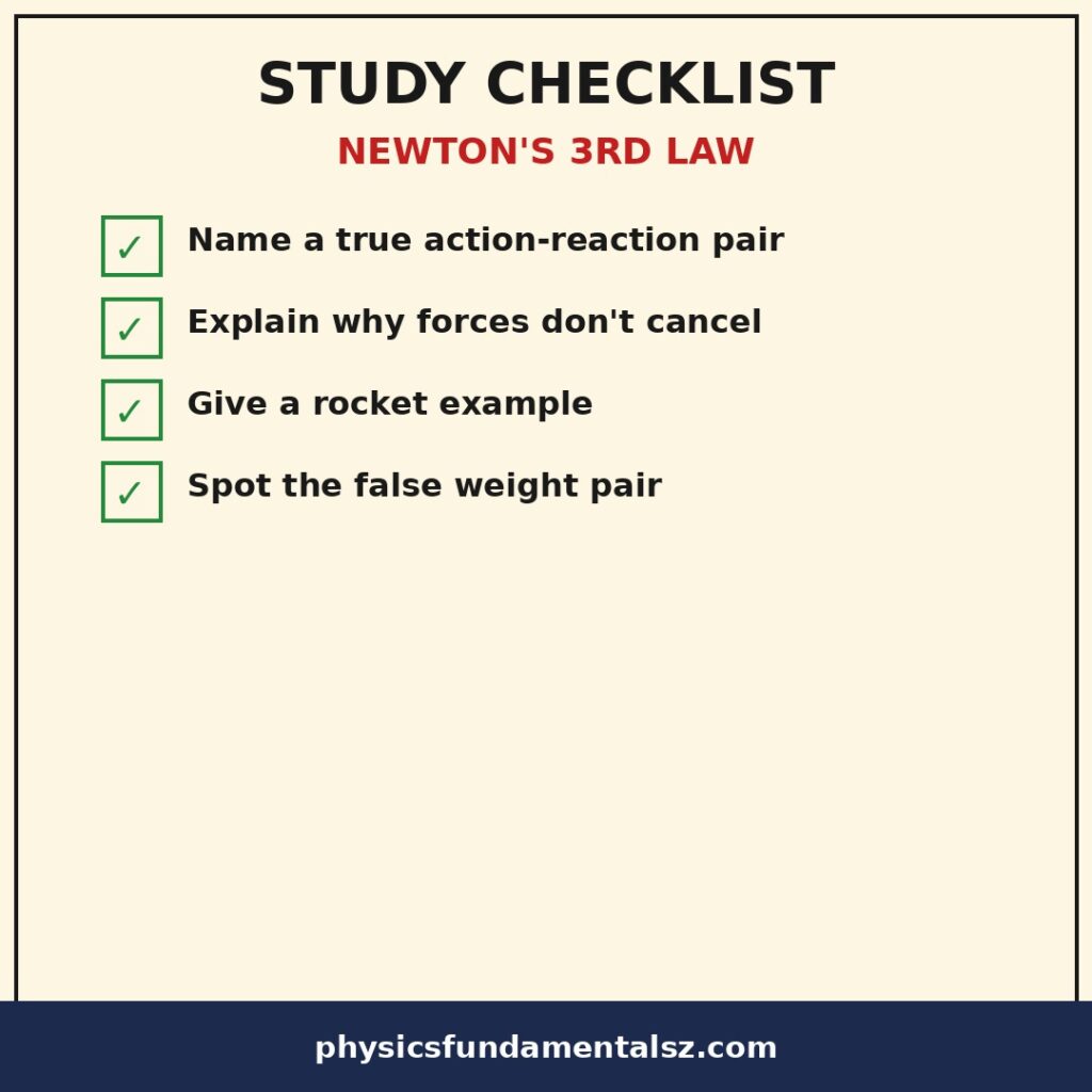 Newton's third law of motion study checklist: action-reaction pairs revision checklist covering the four tests for a true pair, equal and opposite forces, and everyday examples