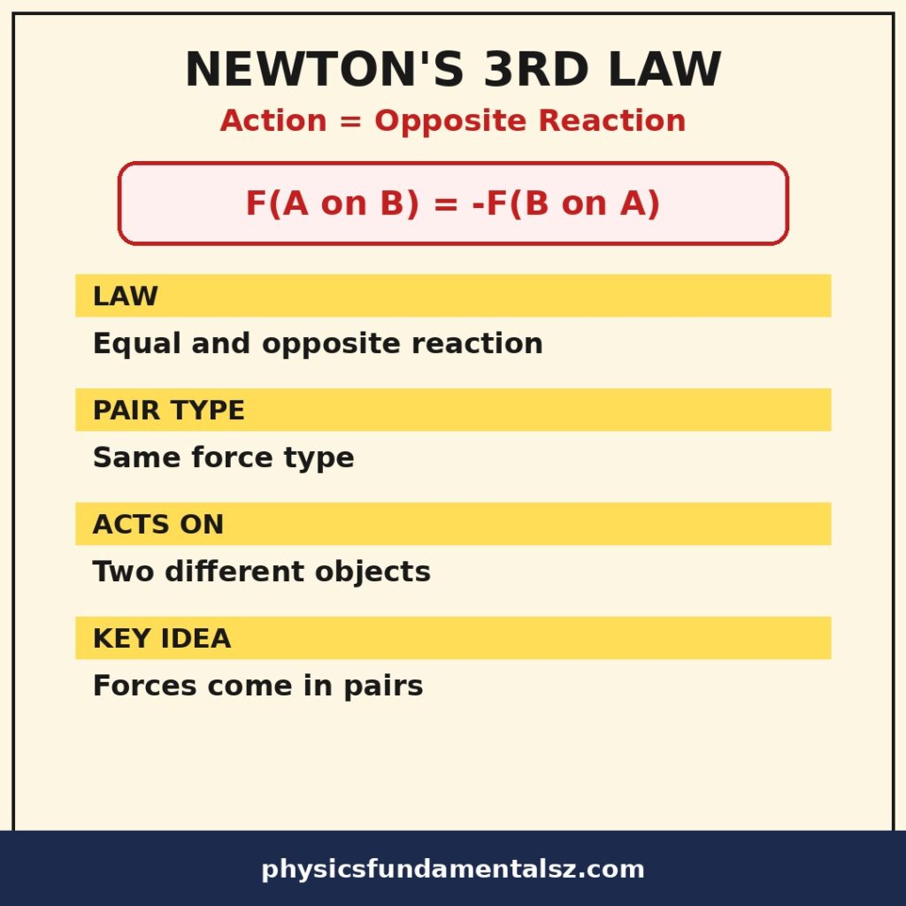 Newton's third law of motion infographic comparing action and reaction forces, the formula F(A on B) equals minus F(B on A), and action-reaction pair examples