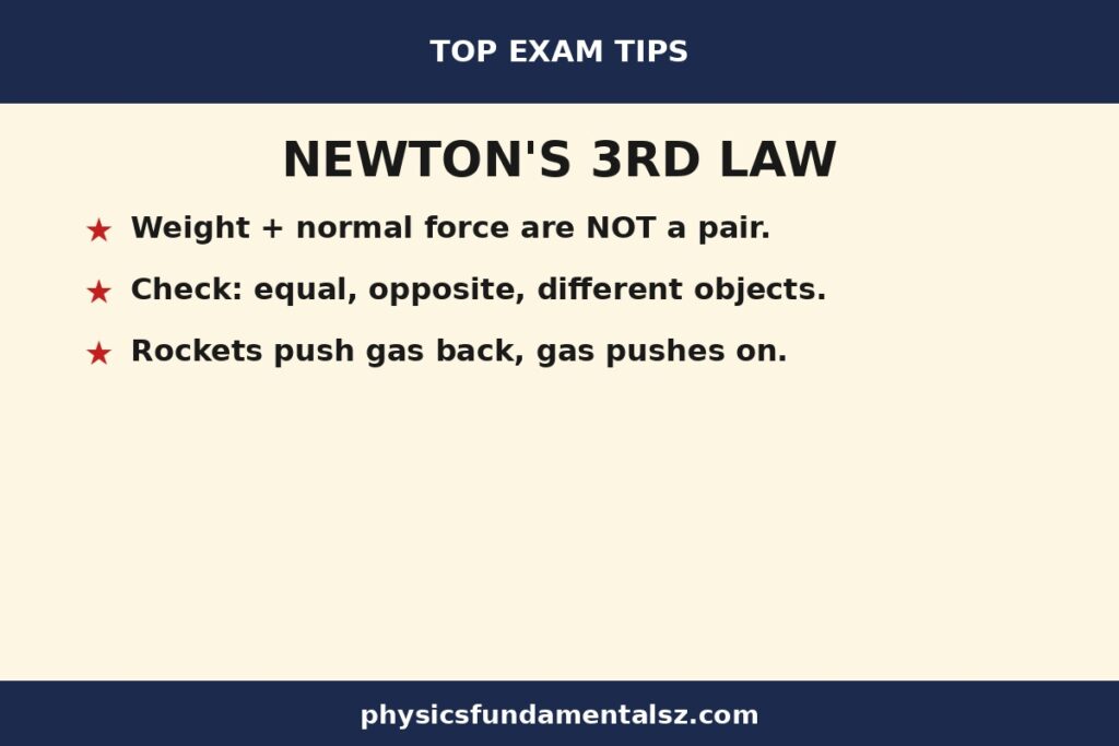 Newton's third law of motion tip card: key exam tips for action and reaction forces, the equal and opposite reaction rule, and common mistakes with Newton's third law examples