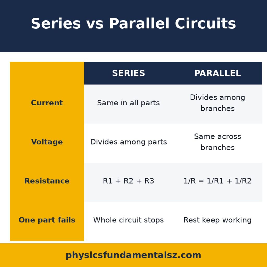 Difference between series and parallel circuits infographic: comparison table of current, voltage, resistance and failure behavior