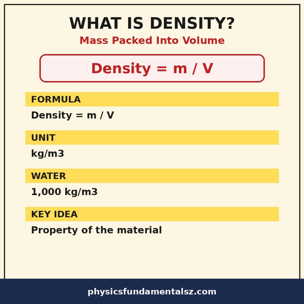 What is density in physics infographic comparing mass and volume, the density formula rho equals m over V, density units kg/m3 and g/cm3, and floating and sinking examples