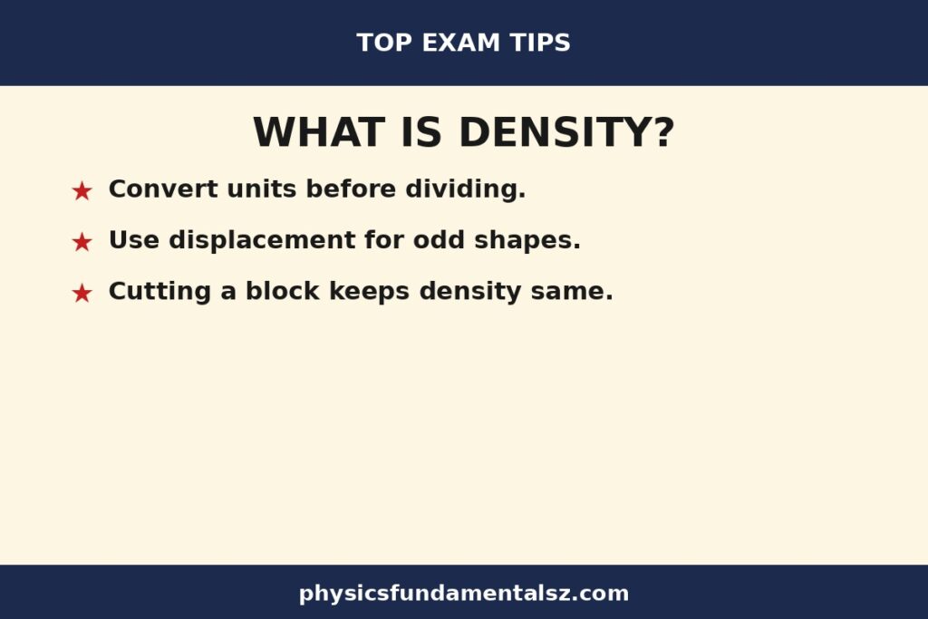 What is density in physics tip card: key exam tips for the density formula, density units, converting between kg/m3 and g/cm3, and how to calculate density with worked examples